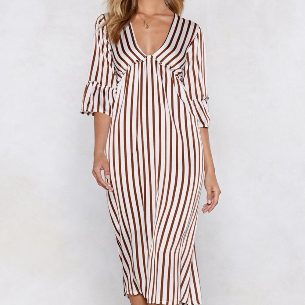 Brown/white striped midi dress